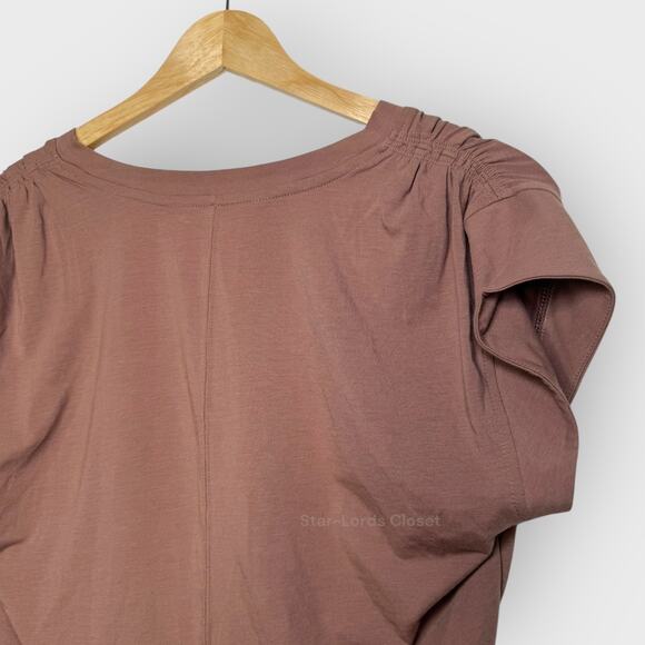 Athleta Outbound V Neck Top Small Rustic Beige Cap Sleeve Ruched Stretch - Picture 5 of 6